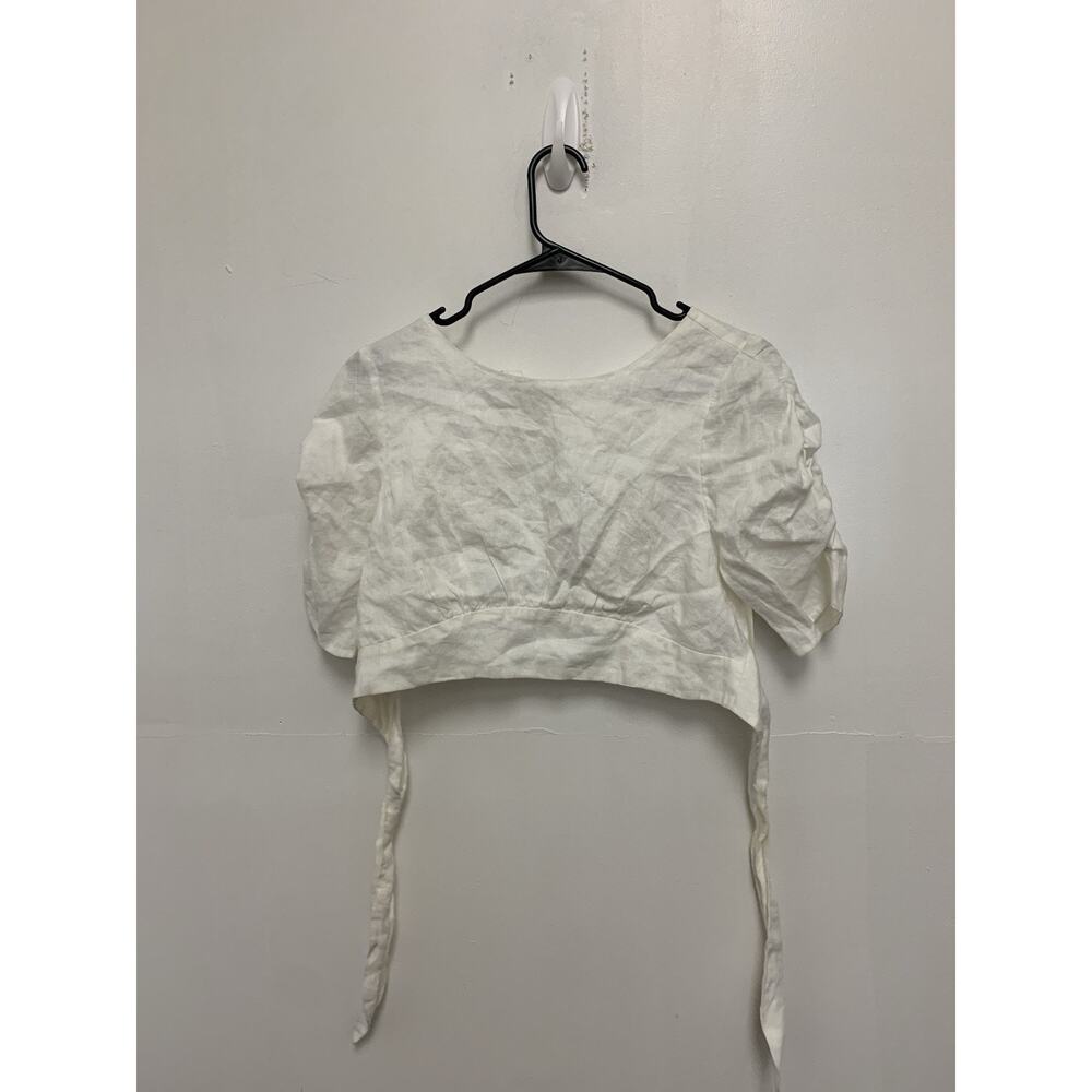 Hansen And Gretel Linen Puff Sleeve Cropped Tie Shirt Size Medium